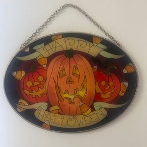 Joan Baker Designs Jack-o-Lantern Happy Halloween Hand Painted Art Glass 7 x 5